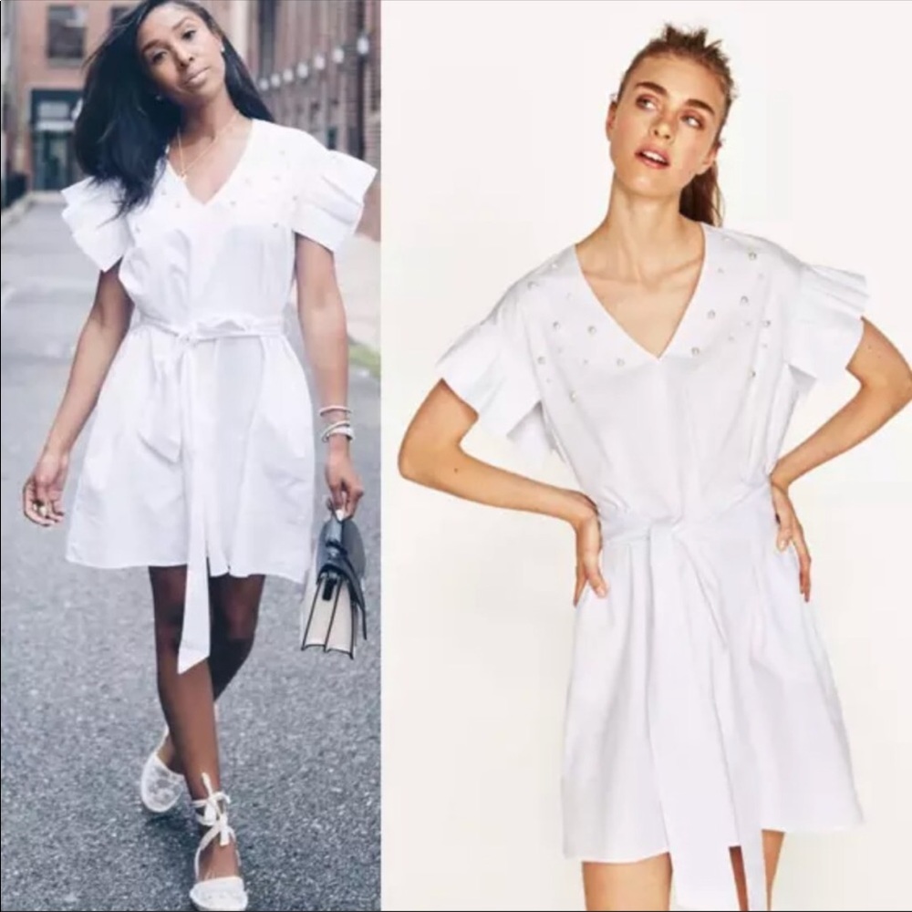 Zara white ruffled poplin dress